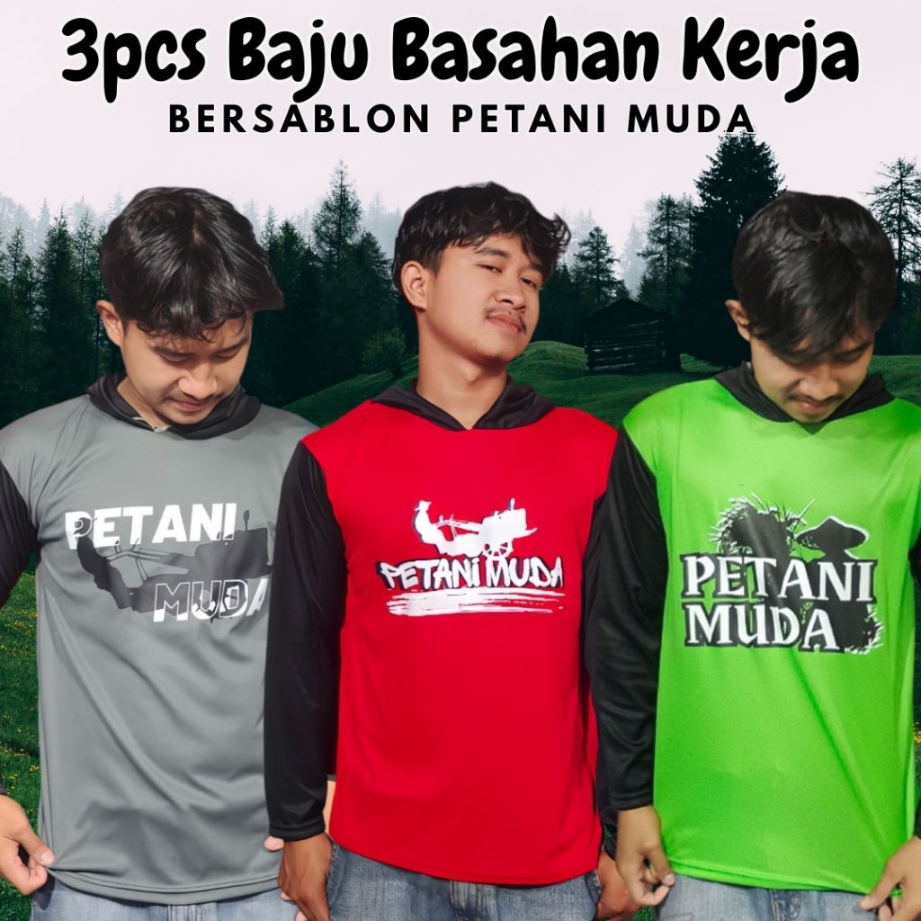 3pcs kaos tani bersablon PETANI MUDA - lengan panjang ada kupluknya
