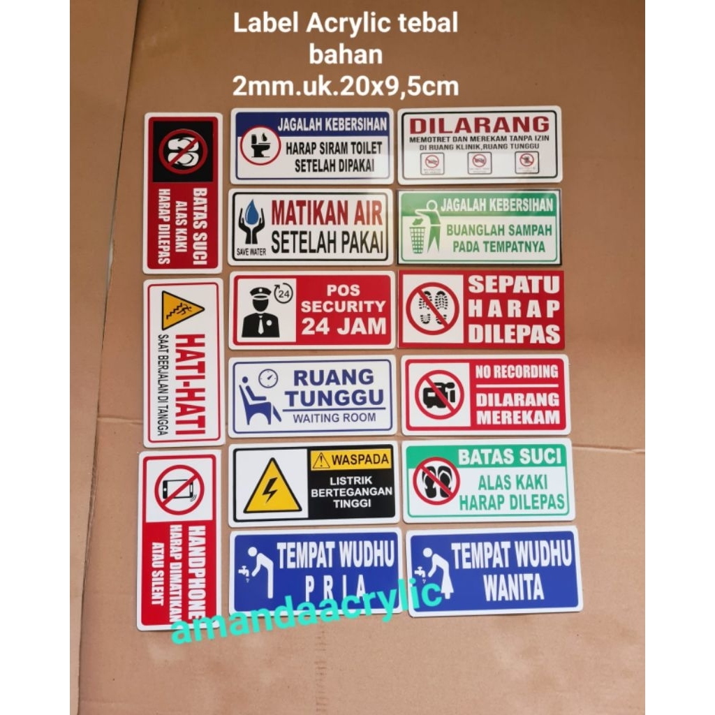 

Acrylic Plat/Label 2mm uk.20x9,5cm: Jglh Kebersihan,Batas,Suci,Ruang Tunggu,Tmpt Wudhu Dll