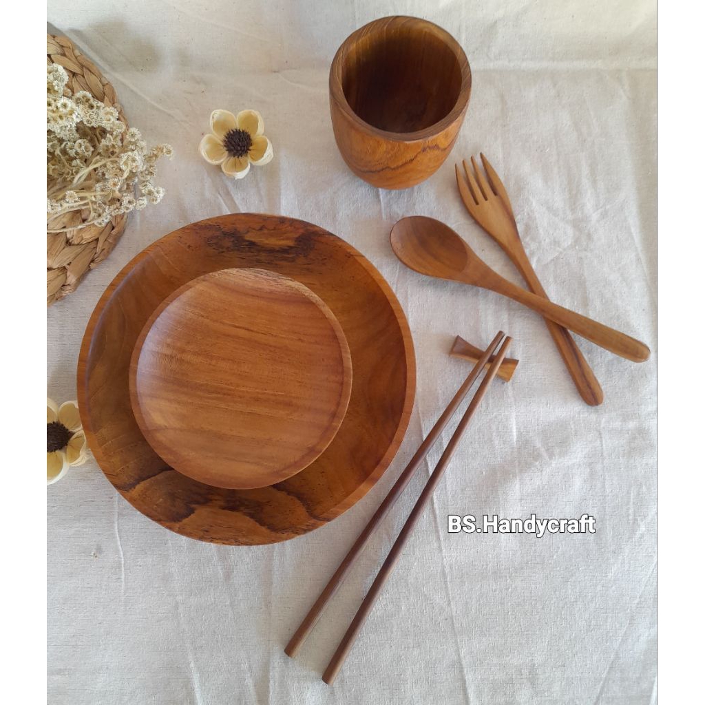 piring makan/piring jati/paket piring kayu jati+gelas cembung kayu jati