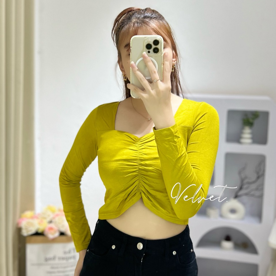 Crop Top Square Neck Longsleeve / Atasan Wanita Lengan Panjang Serut Depan 6056