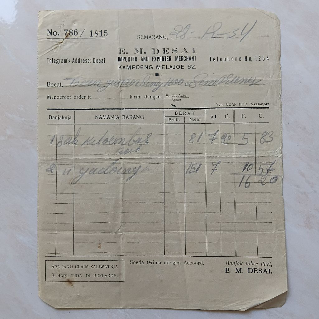 Koleksi Dokumen Arsip Kuno Tua Nota Pengiriman Barang Era Nederland Indie 28-12-1934 - YN2631