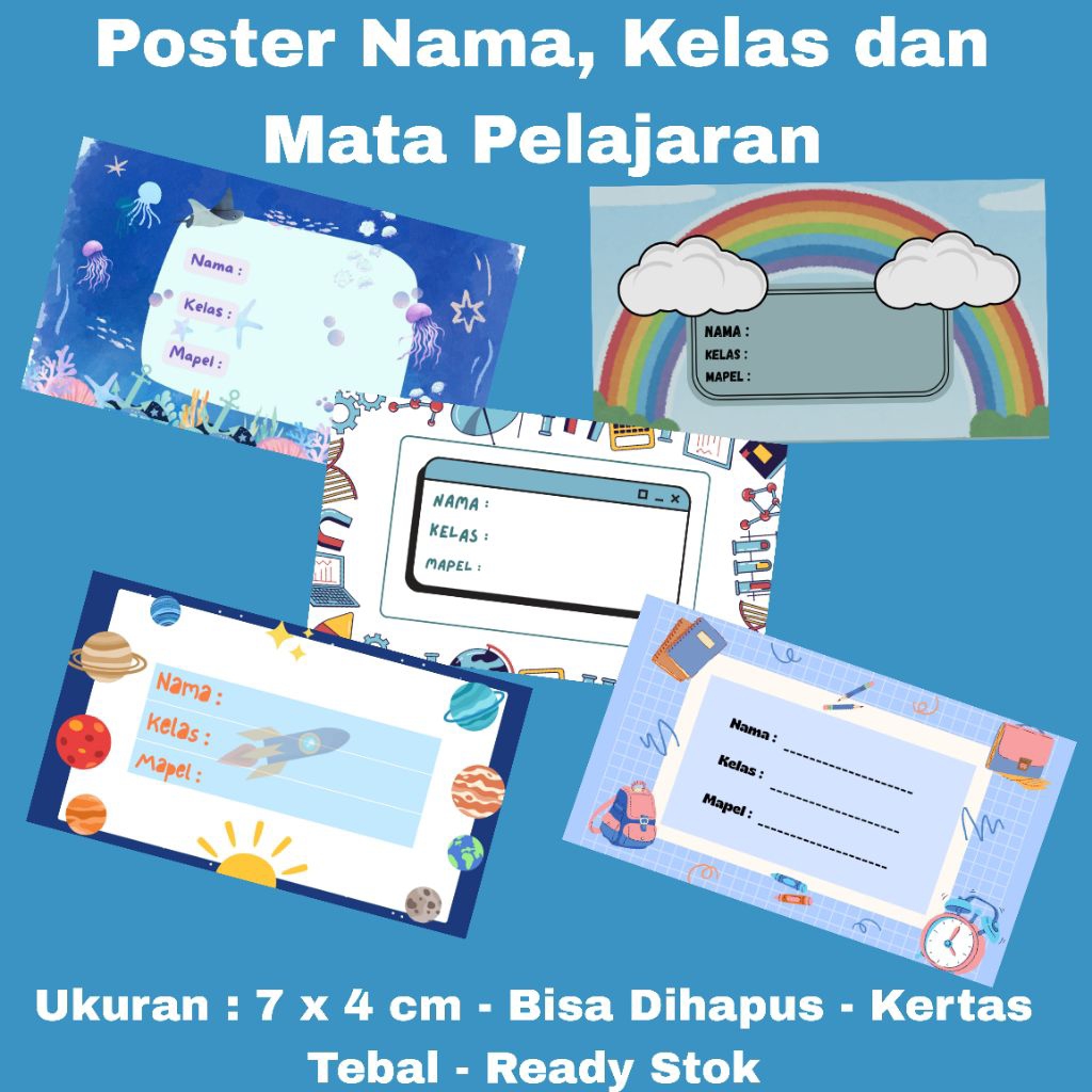 

*GRAFIS_IKA* Poster Nama, Kelas dan Mata Pelajaran - Biru - WipeClean - ISI 20 - Bahan Kertas Tebal - Ukuran 7 x 4 cm - bisa Custom - Termurah