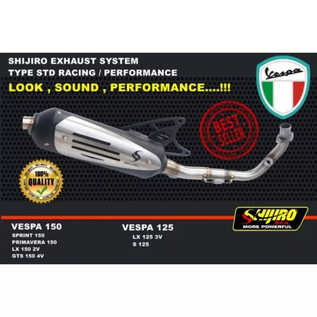 knalpot SHIJIRO RACING type PERFORMANCE BLACK untuk motor Vespa matic sprint Primaverra lx150 iget s