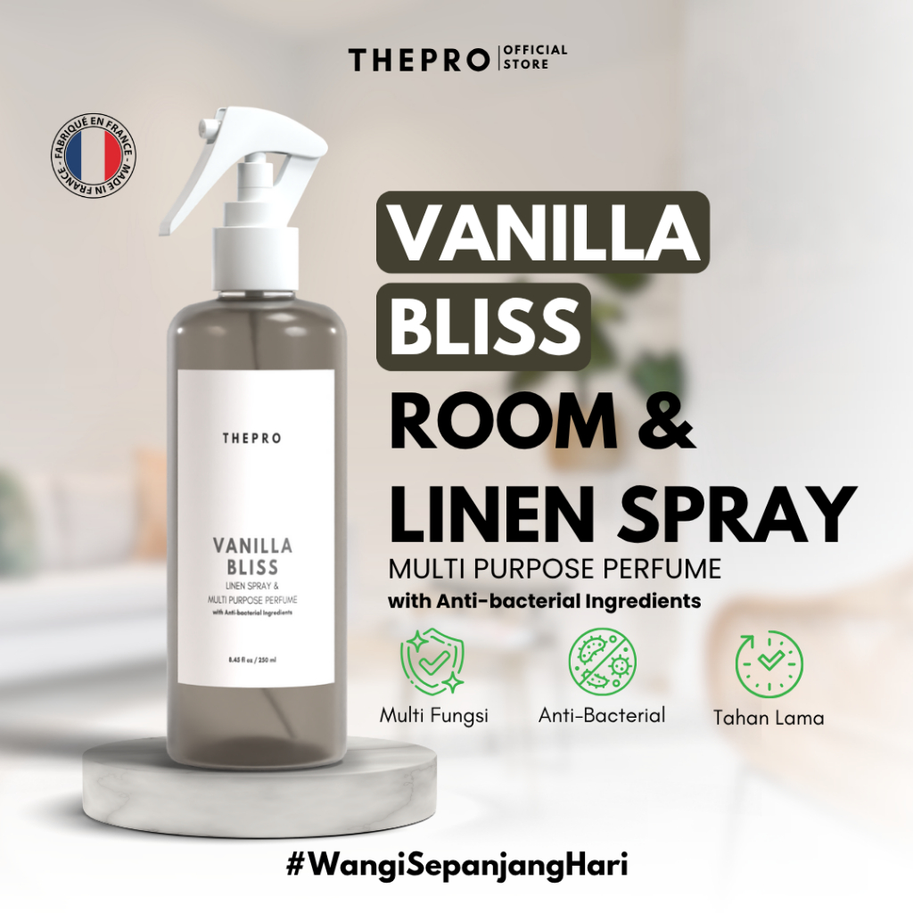 THEPRO Room & Linen Spray Vanilla Bliss 250ml - Pengharum Ruangan Anti Bakteri Wangi Mewah Tahan Lam