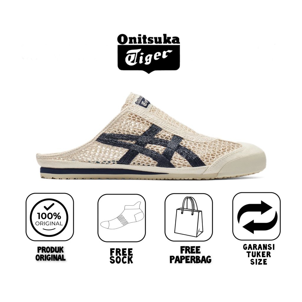 Sepatu sandal onitsuka tiger sabot cream navy original free paperbag