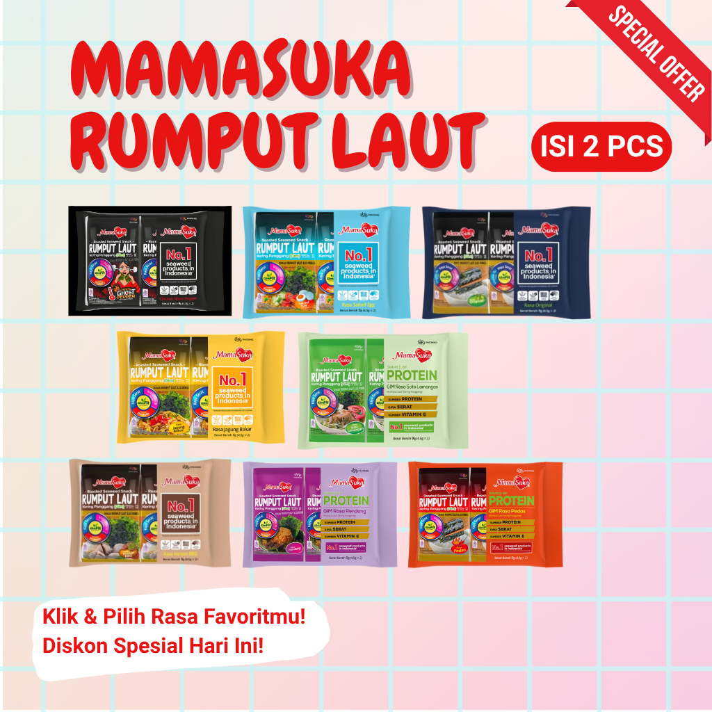 

Rumput Laut Mamasuka 1 Pack Isi 2 PCS – Varian Rasa Original, Spicy, BBQ, Telur Asin, Jagung Bakar, Rendang, Soto, Ghost Pepper