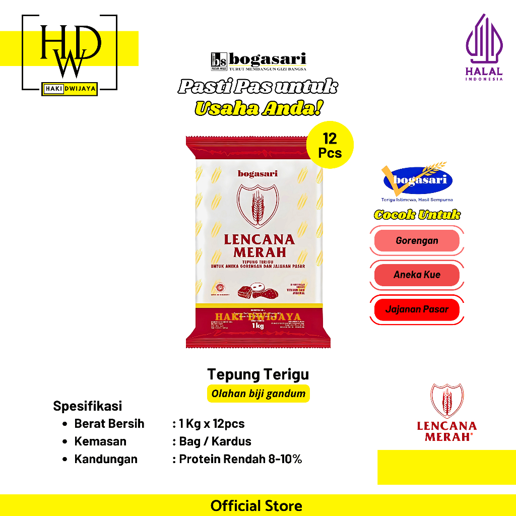 

Bogasari Lencana Merah Tepung Terigu Protein Rendah Cocok untuk Gorengan, Biskuit & Kue Kering 1Kg x 12pcs