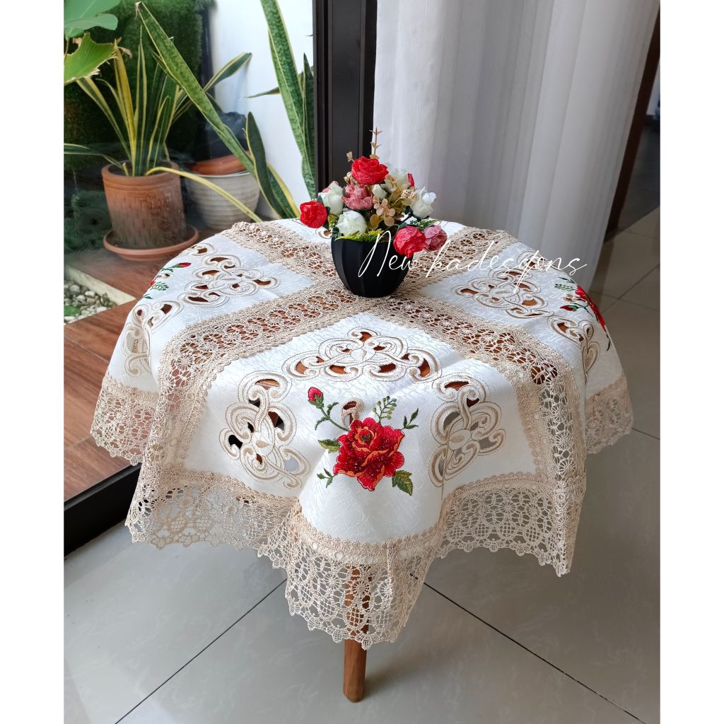 Taplak bulat organdy. Taplak meja makan kain embos import . taplak panjang perabot rumah minimalis m