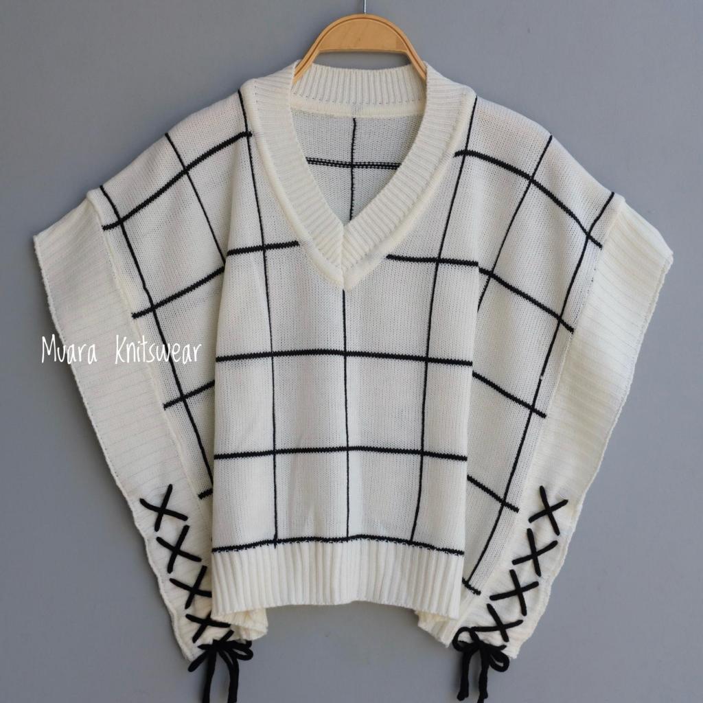 MUARA KNITSWEAR VEST ROMPI RAJUT MOTIF KOTAK KOTAK TALI SAMPING WANITA