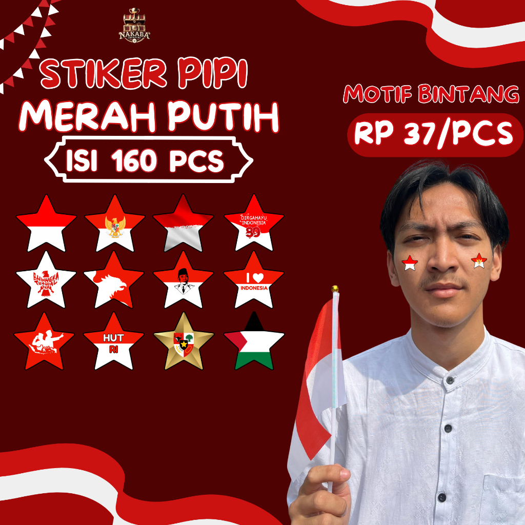 

(Isi 160 Pcs) Stiker Pipi Bendera Merah Putih Motif Bintang Cromo l Kemerdekaan Indonesia 17 Agustus