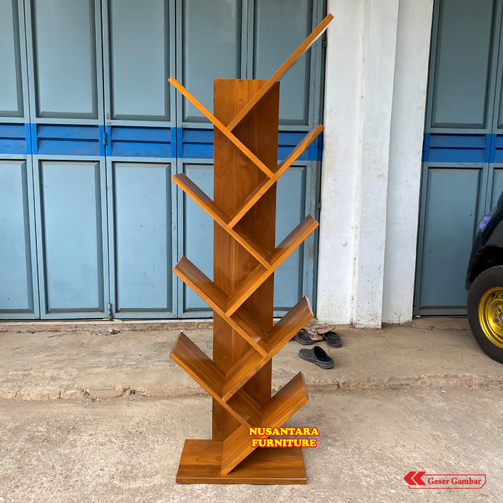Lemari Buku Model Pohon Kayu Solid Premium | Rak Display Serbaguna 9 Susun