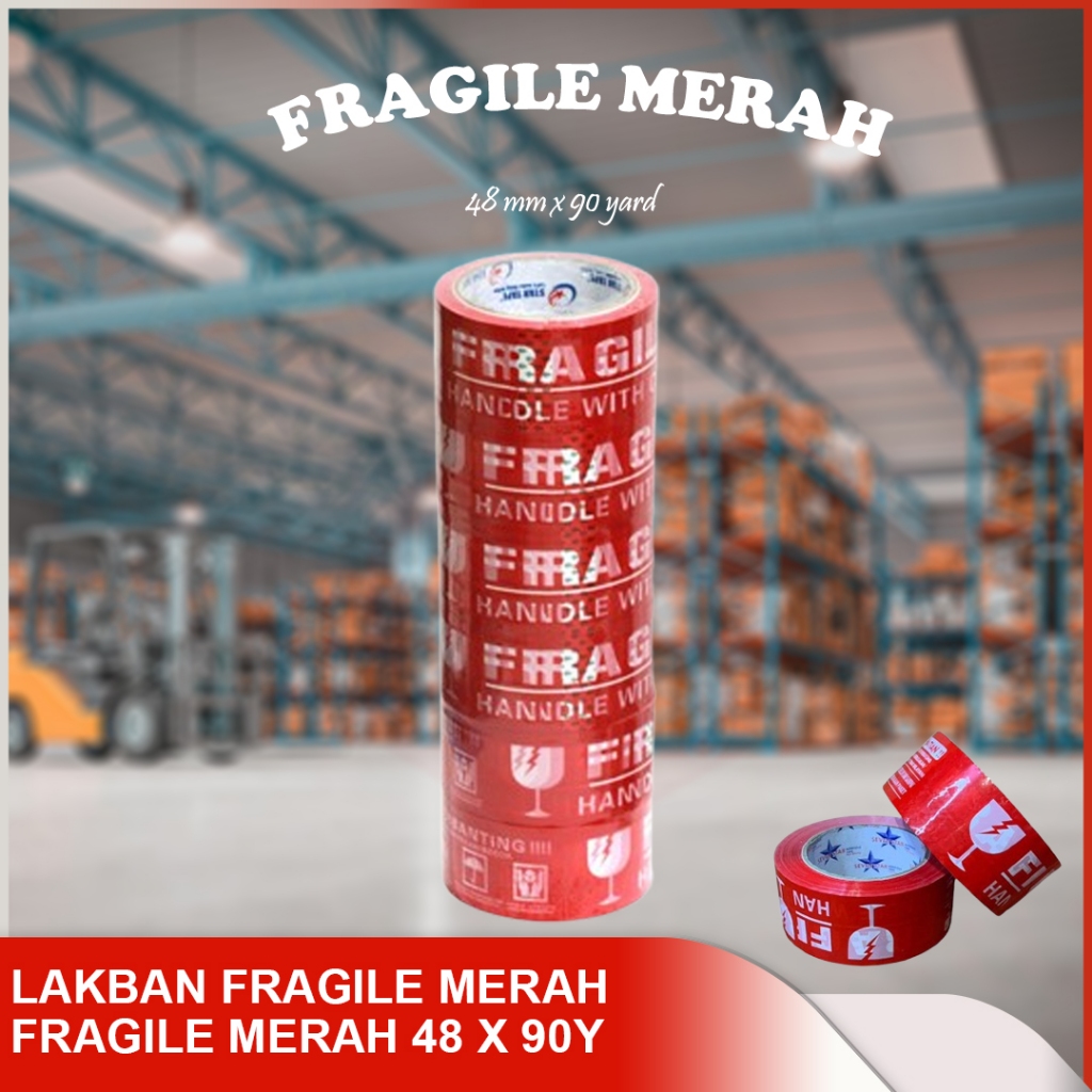 

Lakban Fragile Merah/ Putih | Plakban Fragile | Isolasi Tape / Lakban Fragile 48x90y fragile merah 48mm x 90 yard