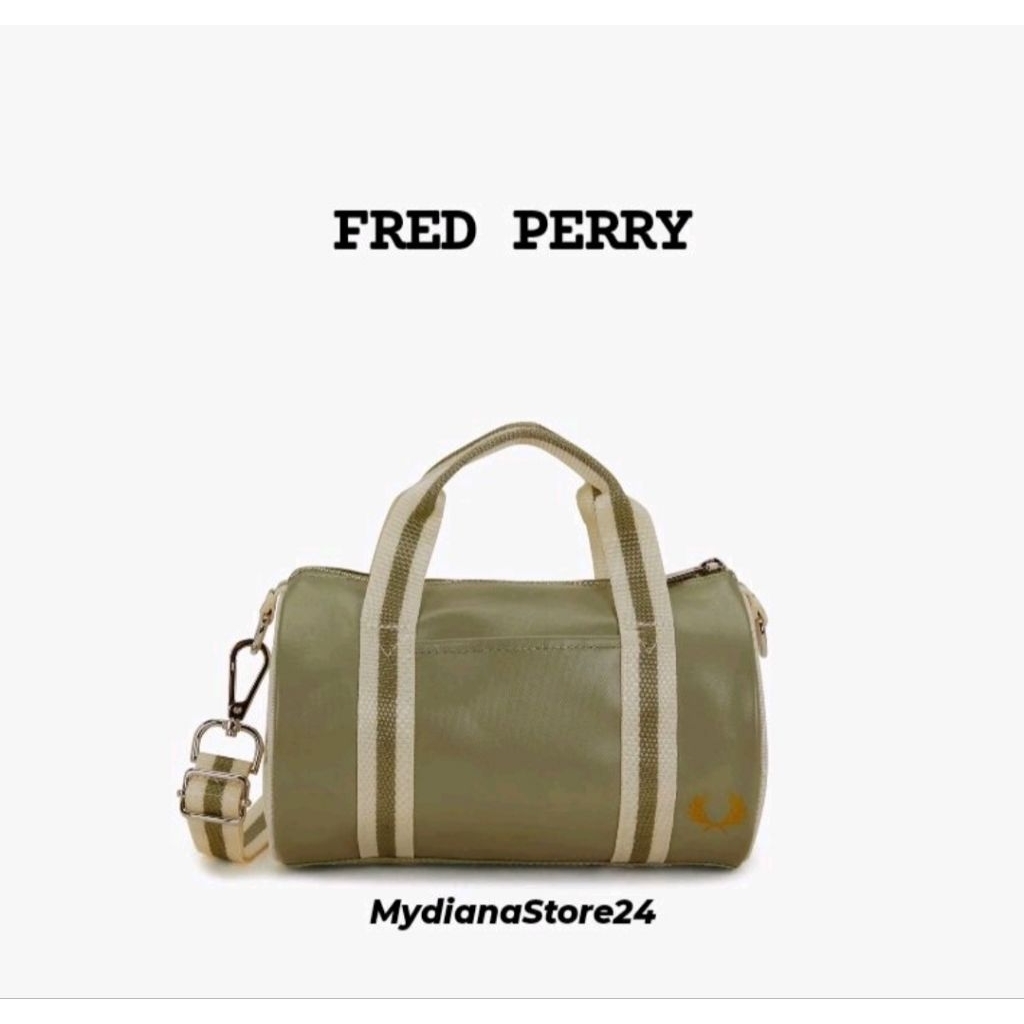 FREF PERRY - FRED PERRY CLASSIC MINI BARREL BAG - OLIVE MINT/WHITE