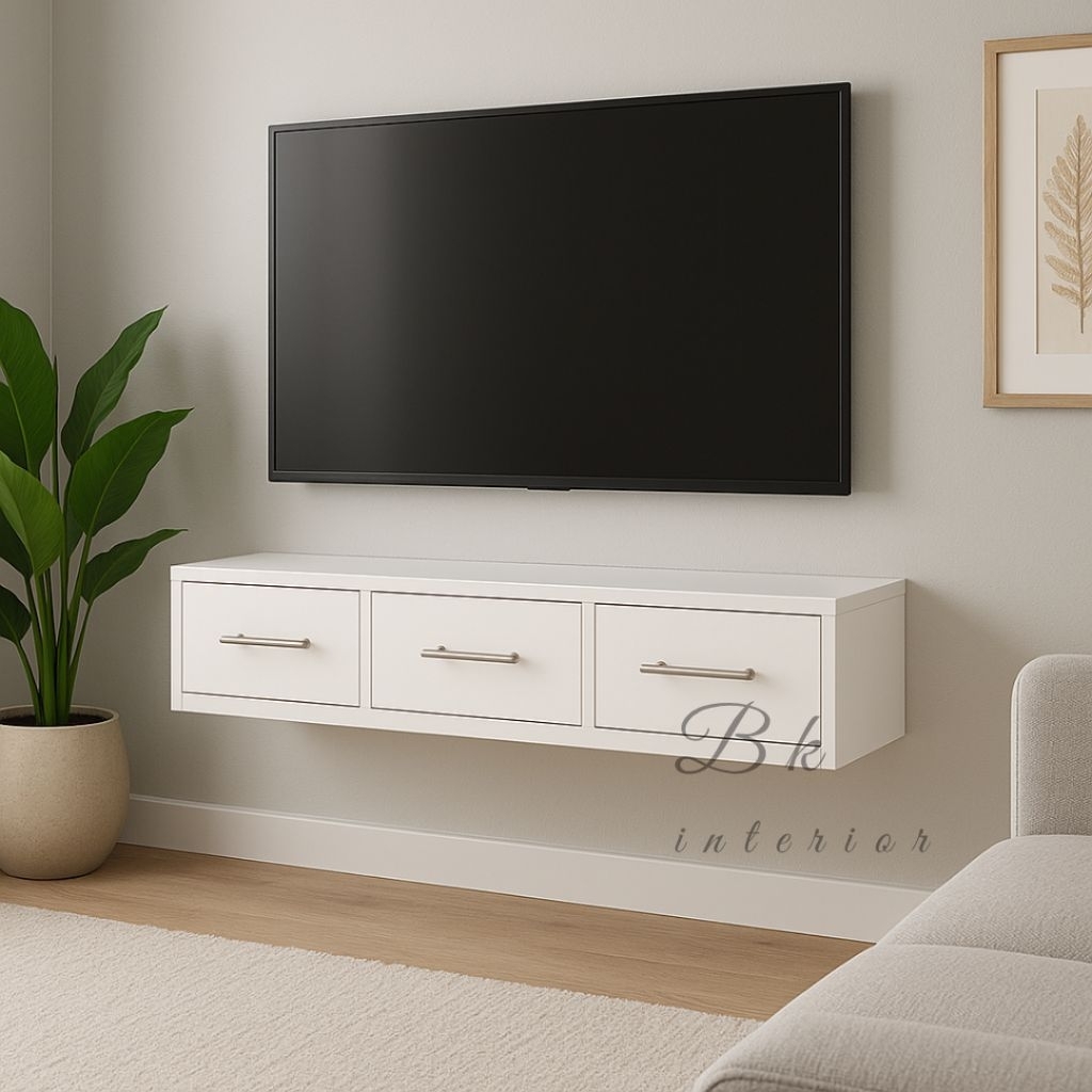 Meja TV Gantung Minimalis Warna Putih Elegan Modern Tanpa Kaki