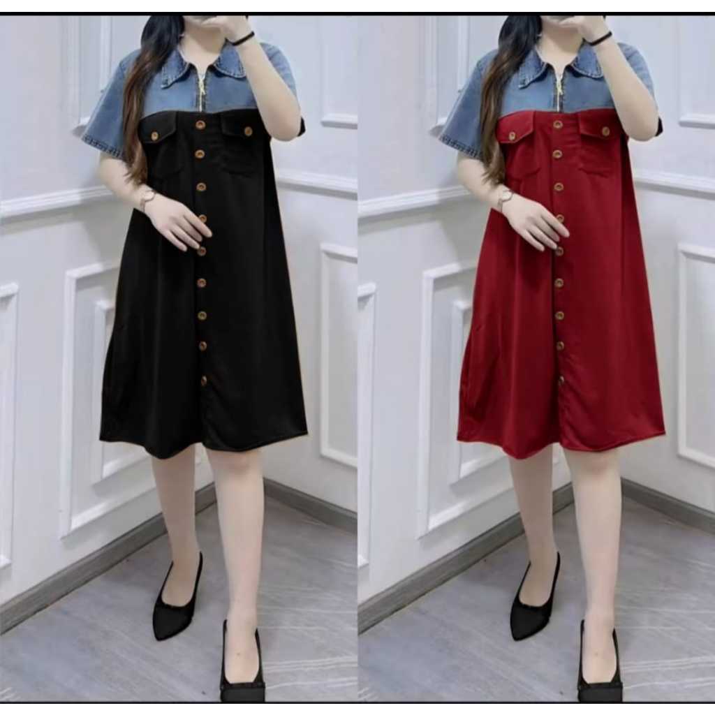 Dress Jeans Kombinasi Scuba Wanita Lengan Pendek