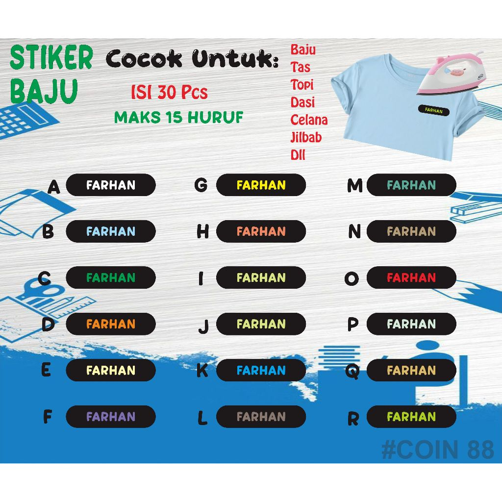 

Stiker Setrika Nama/Label Nama Cocok Untuk Anak-anak dan Dewasa Bahan Dtf Waterproof Background Hitam Full 1 Paket Isi 30 Pcs
