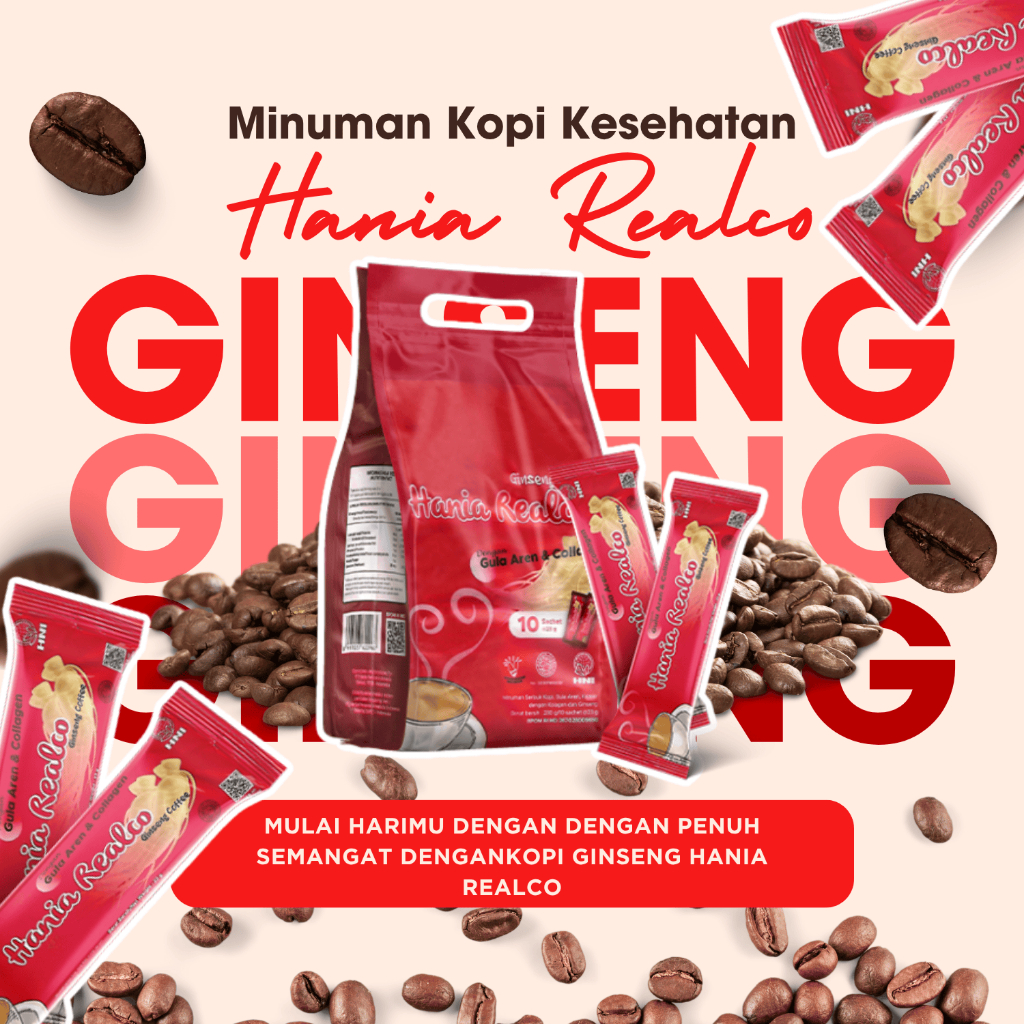 

Kopi Dengan Ginseng Asli & Kolagen - Hania Realco Ginseng Coffee - HNI HPAI