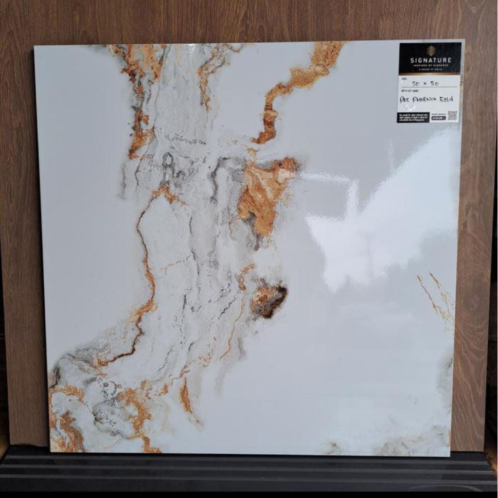 granit lantai glossy cutting  mulia signature 50x50 REC PHOENIX GOLD