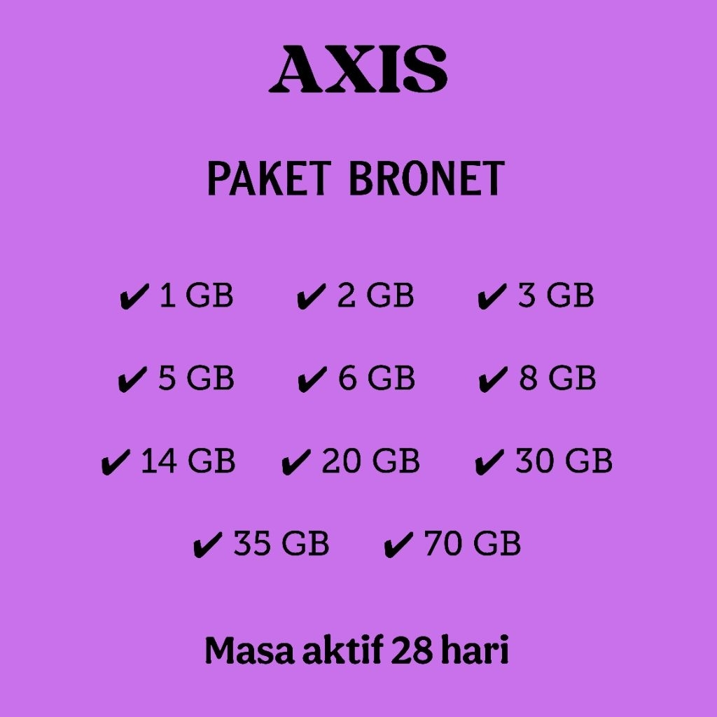 AXIS PAKET DATA BRONET INTERNET 1 GB 2 GB 3 GB 5 GB 6 GB 8 GB 14 GB 20 GB 30 GB 35 GB 70 GB