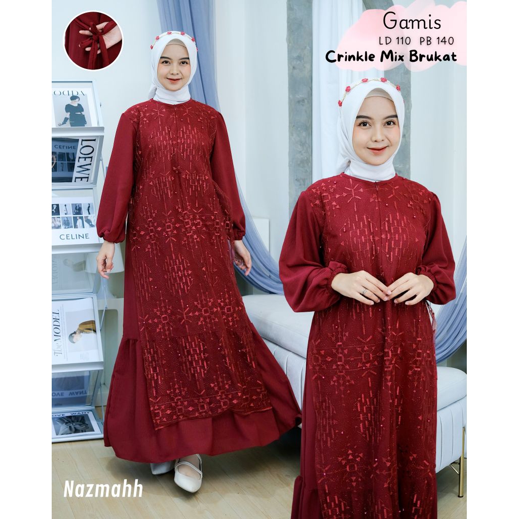 Gamis Brokat Kondangan Dewasa Busui Friendly Gamis Muslimah Terbaru Anaya Long Dress Crinkle Mix Bru