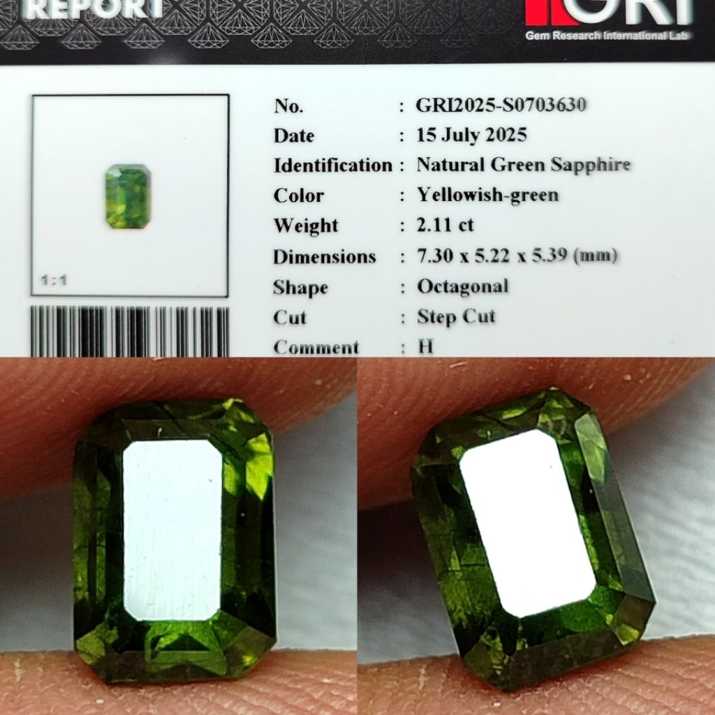 Hot Item Natural Green Sapphire 2.11 Crt Heated GRI.lab