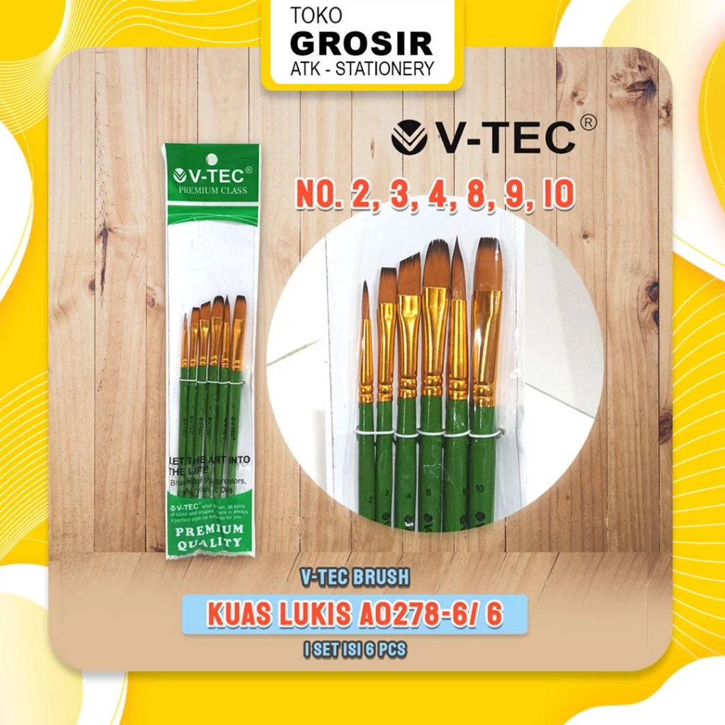 

Kuas V-TEC tipe A0278-6/ 6 SET / Kuas Lukis VTEC / Brush for Watercolor Acrylic, Oil / 6 Ukuran V Tec No. 2 No. 3 No. 4 No. 8 No. 9 No. 10 2