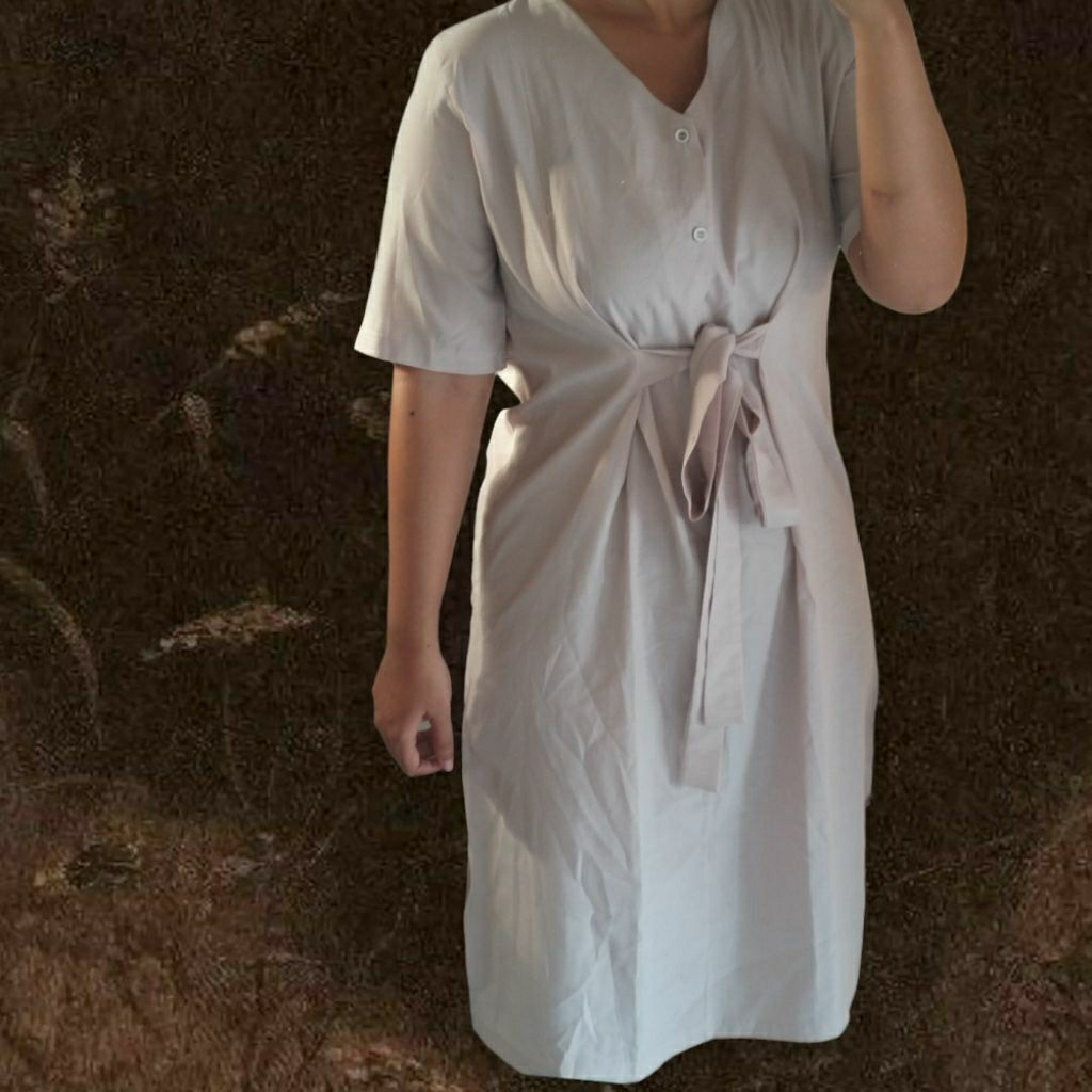 Korean Beige Midi Dress with Ribbon | formal semi casual summer kondangan y2k coquette dollette 90s 