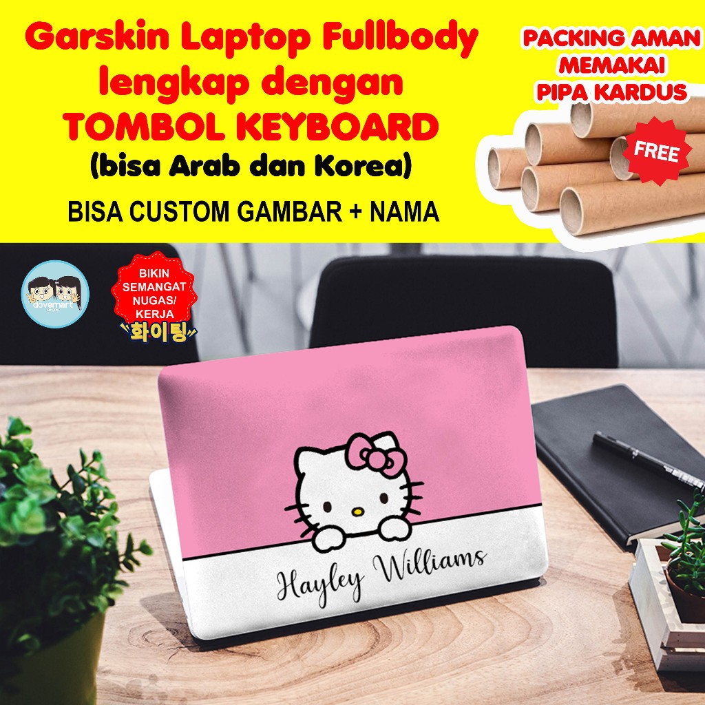 Garskin Laptop Stiker Anti Gores Full Body Hello Kitty  Custom 10 12 13 14 15 inch Universal Untuk S