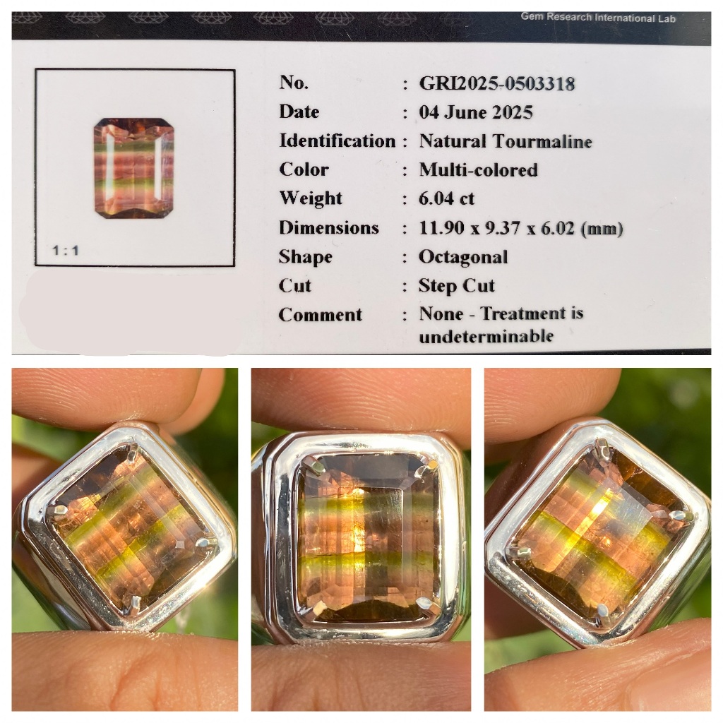 Natural 6.04ct multi color tourmaline rare pattern memo gri