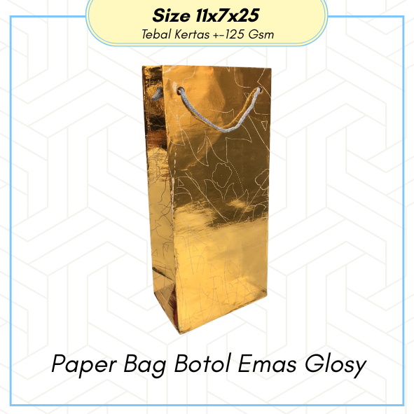 

PAPER BAG BOTOL EMAS LAMINASI GLOSY UKURAN 11 X 7 X 25 / TAS KADO / TAS KERTAS/ PAPERBAG METALIK