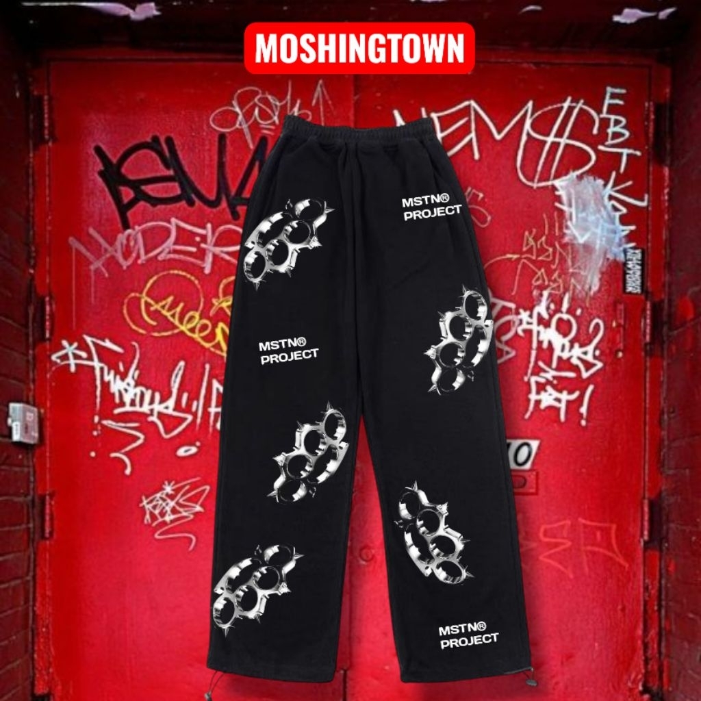 MSTN | celana panjang LONGPANTS pria wanita berknuckle black full print bahan fleece tebal