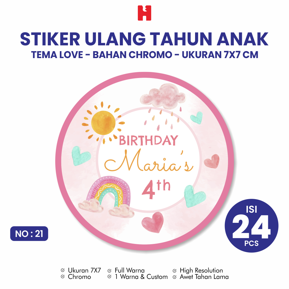 

Stiker Ulang Tahun Anak Tema Love Ukuran 7x7 CM Bulat - Isi 24 Pcs