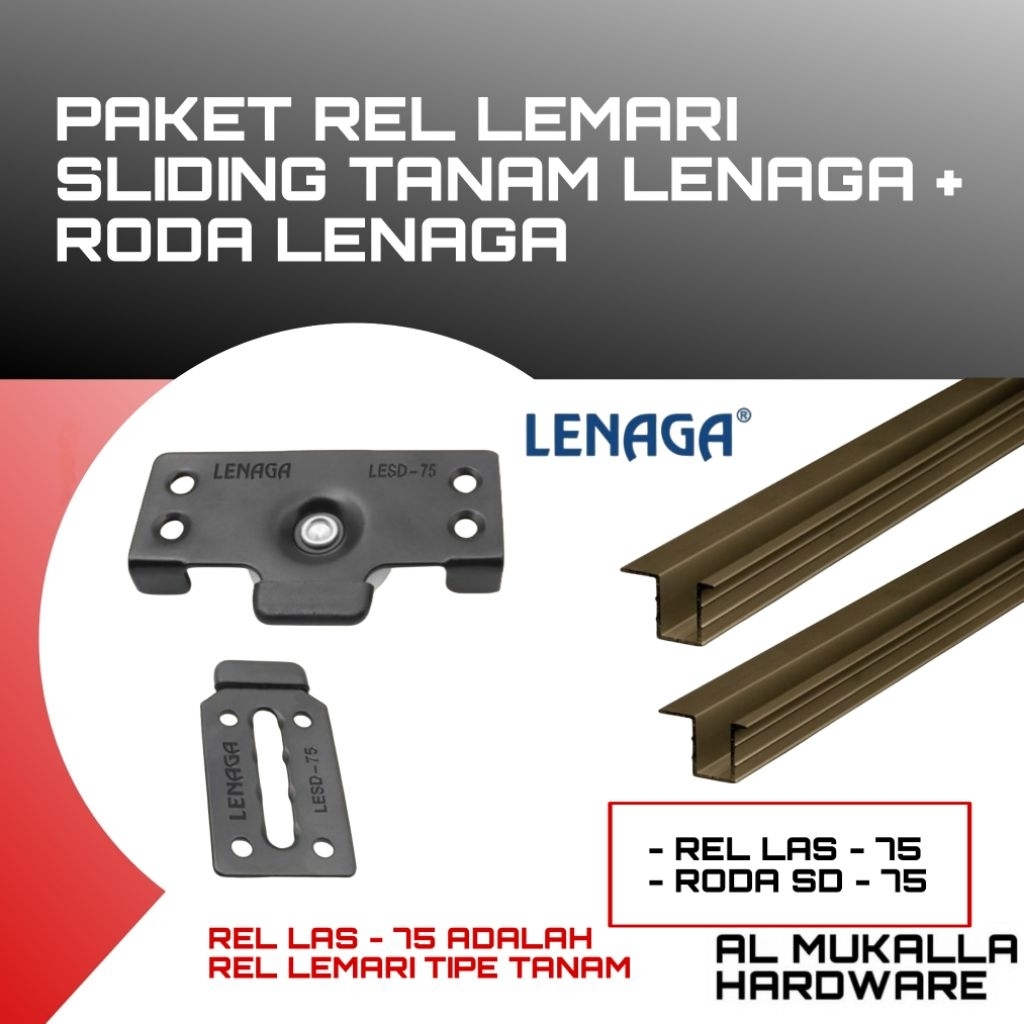 Paket Rel Lemari Sliding Tanam LAS - 75 Lenaga - Rel Lemari Geser / Sliding Dengan Roda LESD - 75 - 