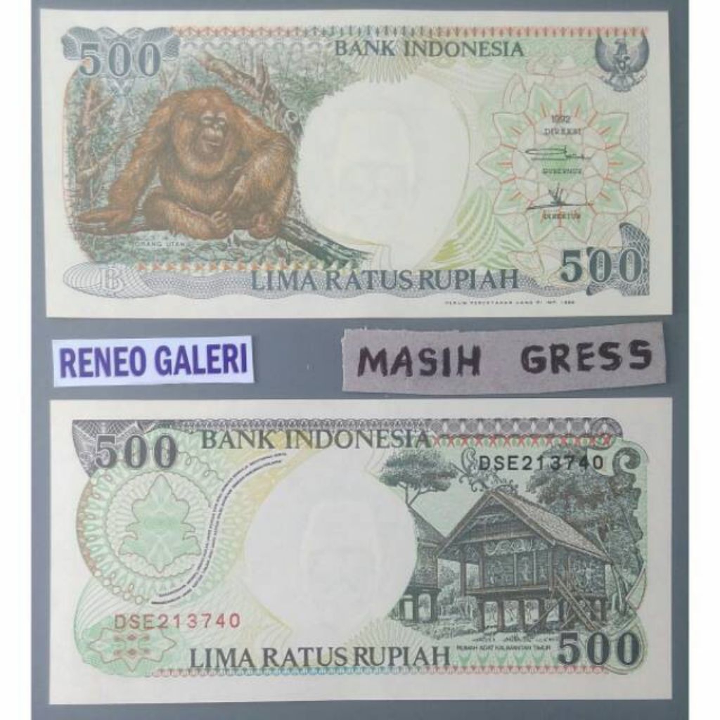 Mulus asli 500 Rupiah Rp Tahun 1992 Orang Utan Otan Monyet Duduk Uang Kertas Kuno original