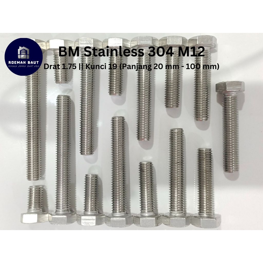 Baut Mur Stainless Steel 304 M12 (Kunci 19) Panjang 20 Mili - 100 Mili