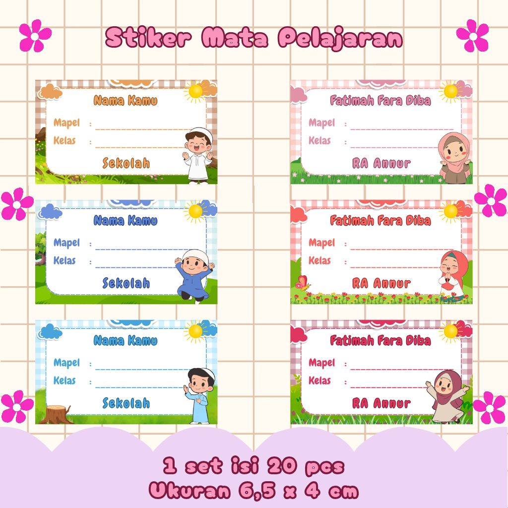 

Stiker Mapel Custom Tema Anak Muslim Mata Pelajaran Anak Sekolah Ukuran 6,5x4 Isi 20 pcs