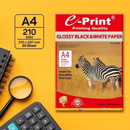 

KERTAS FOTO EPRINT - GLOSSY BLACK & WHITE PAPER - A4 210GSM 20 LEMBAR