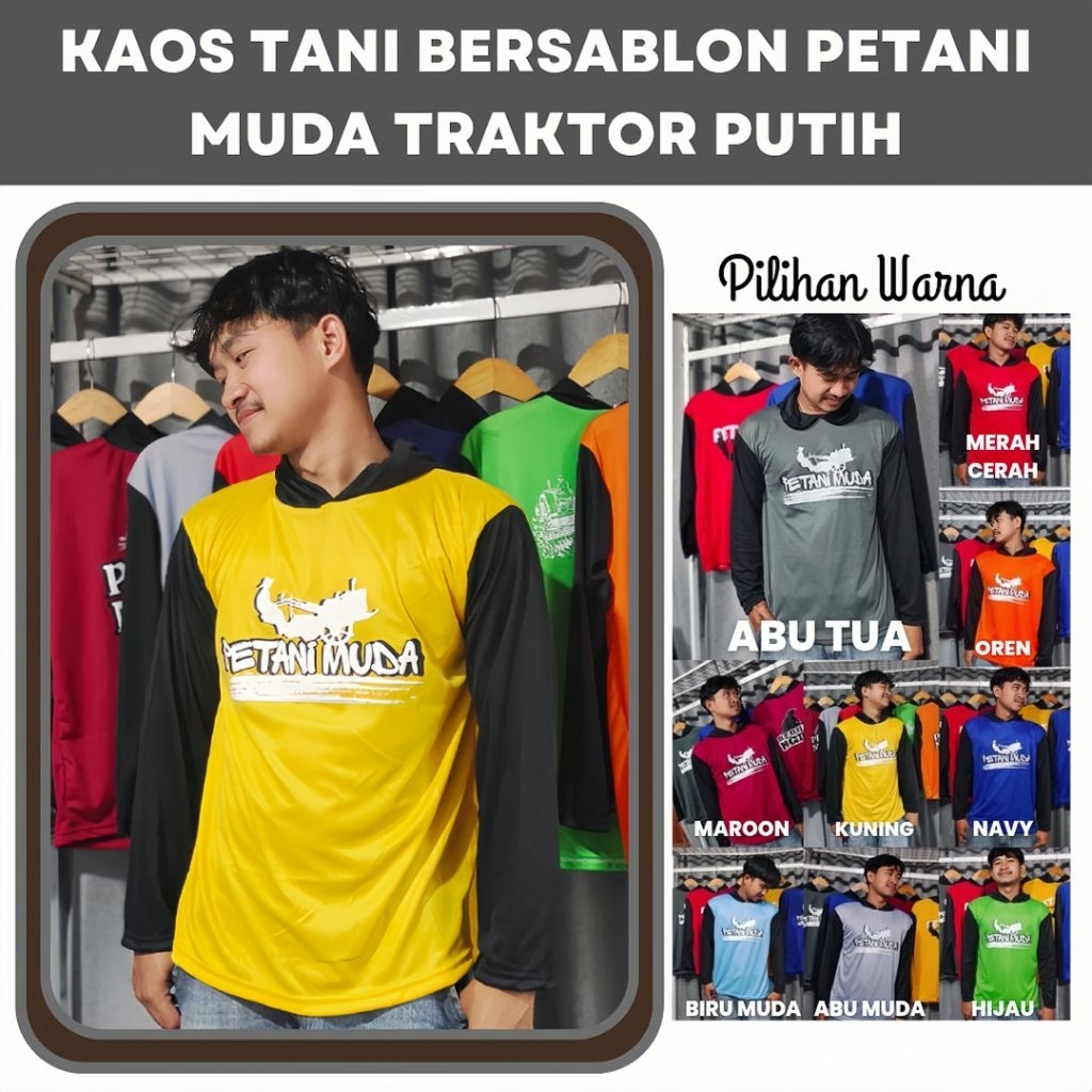 Kaos Tani Bersablon PETANI MUDA gambar TRAKTOR PUTIH - lengan panjang berkupluk