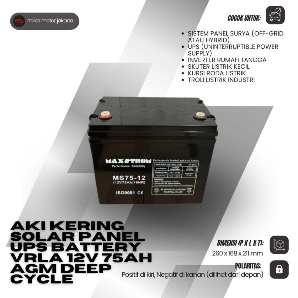 Aki Kering Solar Panel UPS Battery VRLA 12V 75Ah AGM Deep Cycle