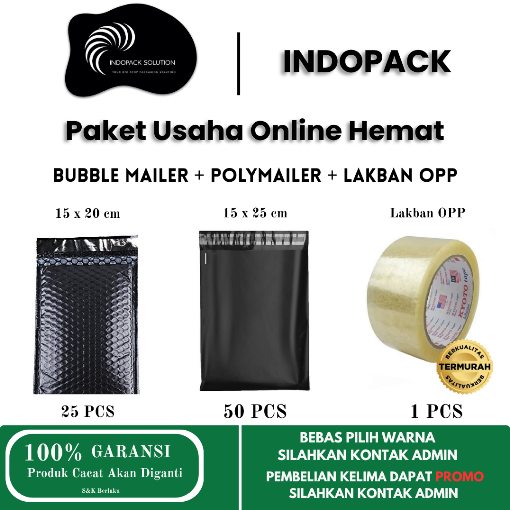 

INDOPACK Paket Usaha Online Hemat Polymailer 15x25 (50pcs) Bubble Mailer 15x20 (25pcs) Lakban OPP