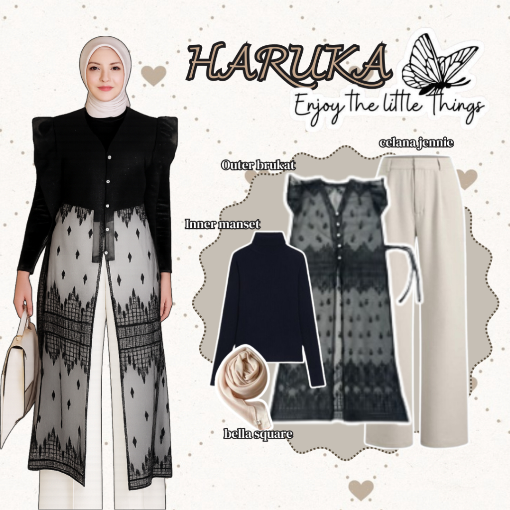 Oneset Wanita Kekinian Haruka (Celana + Inner +jilbab + Outer Brokat)Outfit Setelan kondangan SGC187