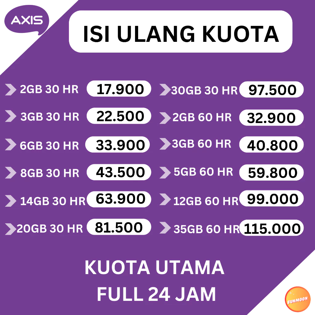 Paket Data Kuota AXIS  1,5GB 2GB 3GB 5GB 8GB 16GB 20GB 25GB / Paket Axis