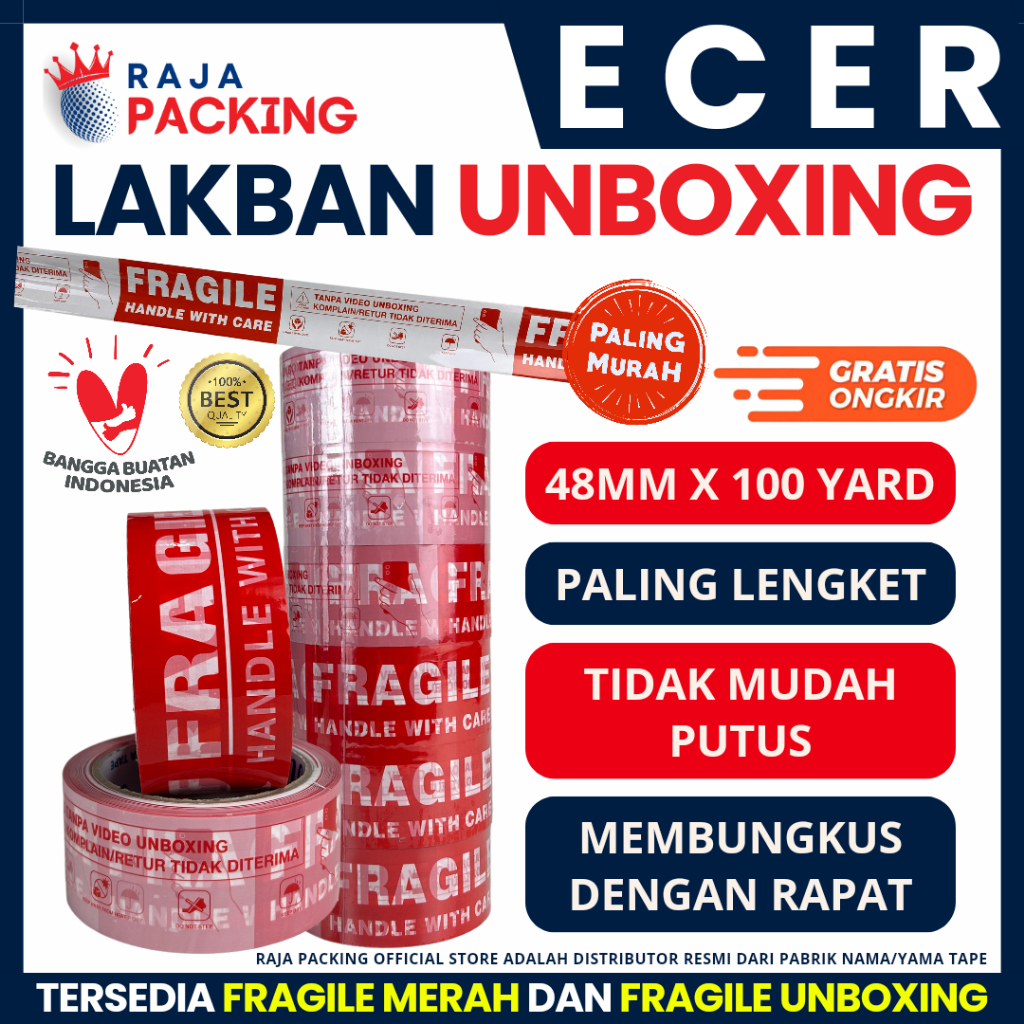 

[ECER] LAKBAN FRAGILE MERAH 48MM X 100 YARD | Fragile Tape | Merah/Putih | Per Pcs