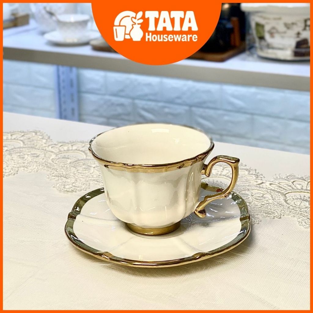 [TATA] Cangkir Set Royal White Keramik / Gelas Minum Teh - Kopi / Cangkir + Piring Kecil Mewah