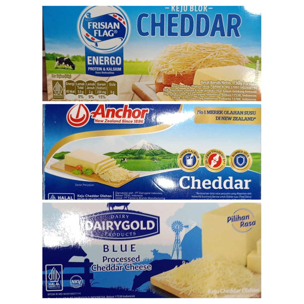 

Dairy Gold Keju Cheddar Blue 160gr | Frisian Flag 150gr | Anchor 150gr Kotak