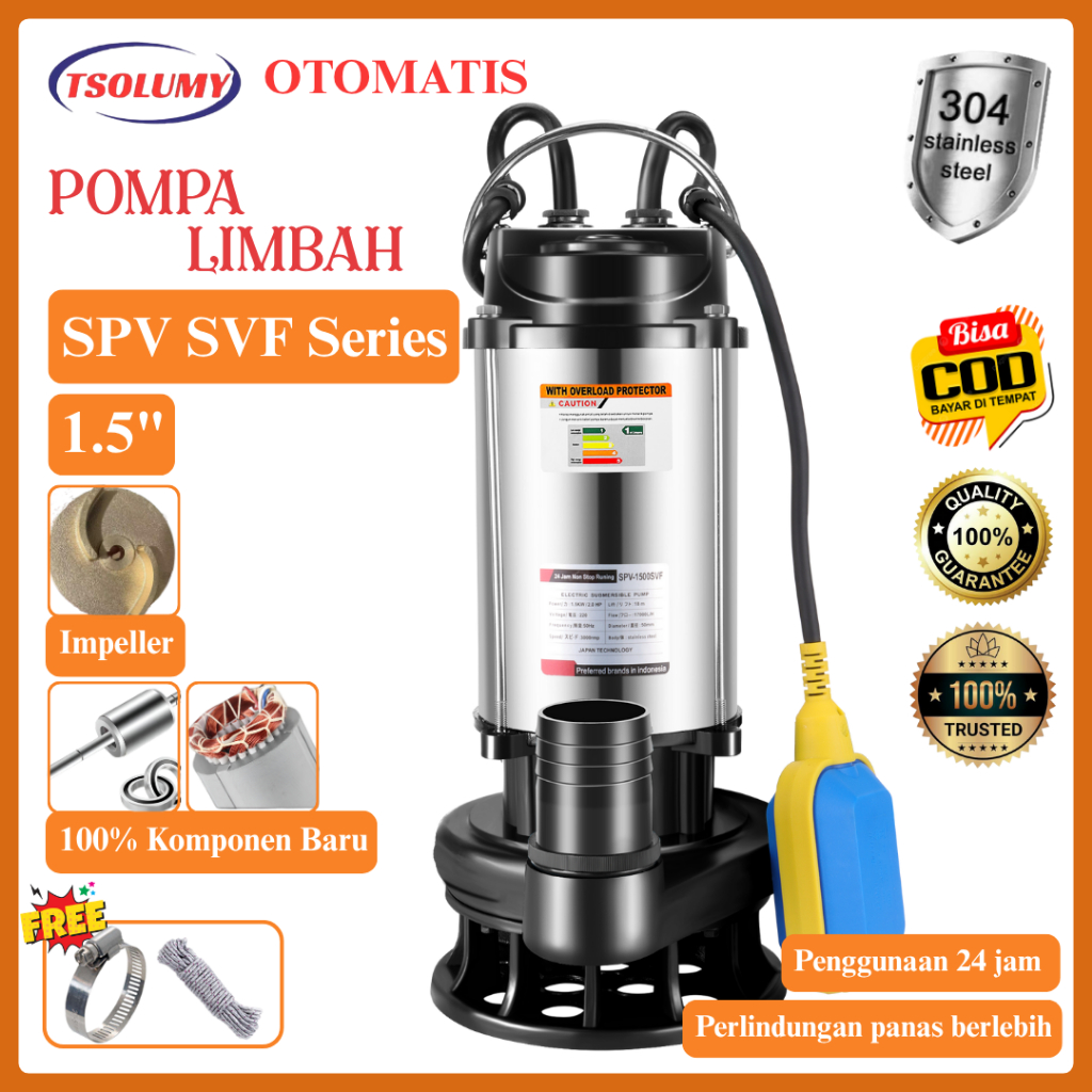Tsolumy Pompa Celup Air Kotor SPV-370SVF  Pompa Otomatis Pompa Kolam Ikan Pompa Banjir Pompa Sumur