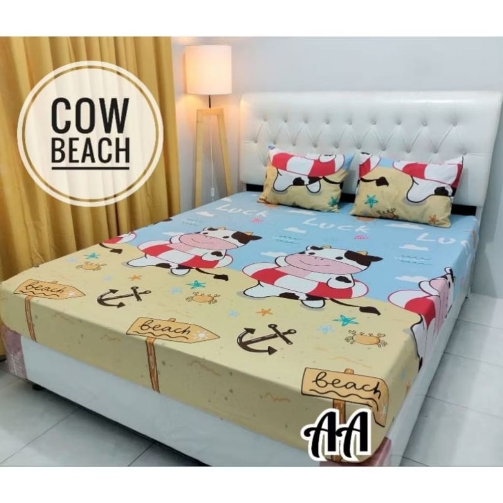 SPREI KARET KATUN PREMIUM 90/100/120/140/160/180/200 motif Sapi cow moo beach