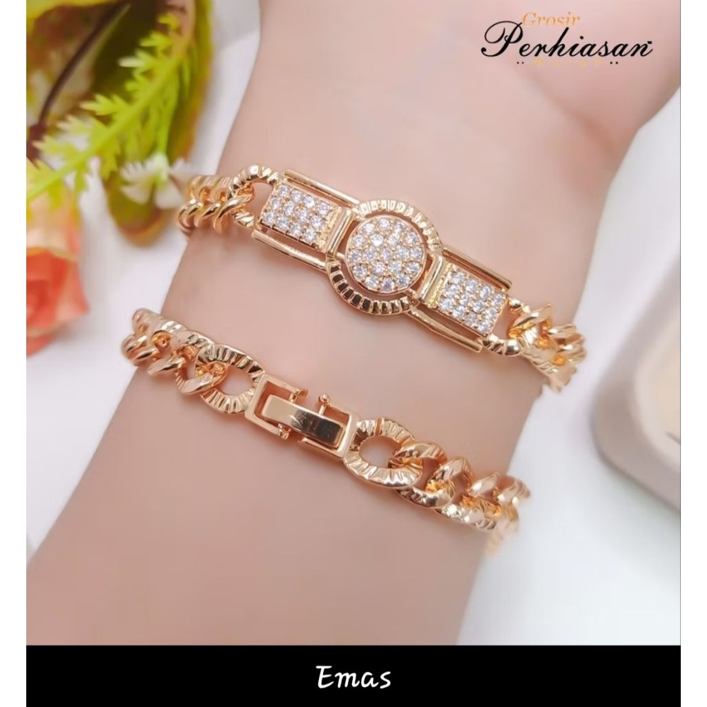 COD✅️✅️Gelang Rantai Plat tulat Permata Model Jam Terbaru Perhiasan Wanita Lapis Emas Dan Perak