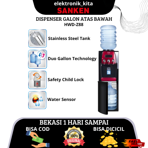 DISPENSER AIR DUO GALLON SANKEN HWD Z88 STAINLESS 3 KRAN PANAS DINGIN & NORMAL GARANSI RESMI HWD-Z88