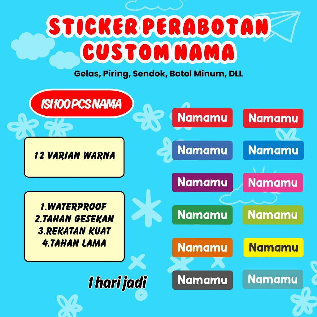 

100 PCS Stiker Barang Custom Nama Piring Sendok Botol Gelas Perabotan timbul waterproof label